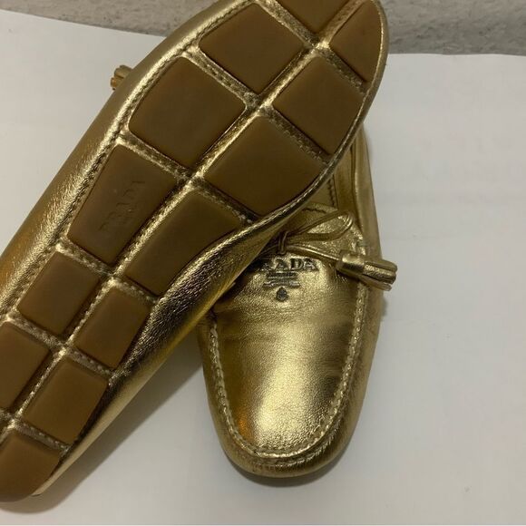 Prada Metallic Gold Leather Bow Slip On Loafers Size 35.5 - Picture 8 of 13